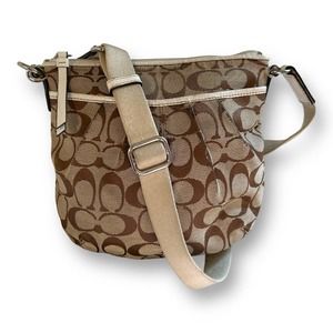 COACH Signature Crossbody Bag Brown Fabric Leather Adjustable Strap Purse